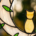 Handmade Yellow Cat Window Hanging on White Crescent Moon with Green Leaves by AuroraeGlass — photo 3
