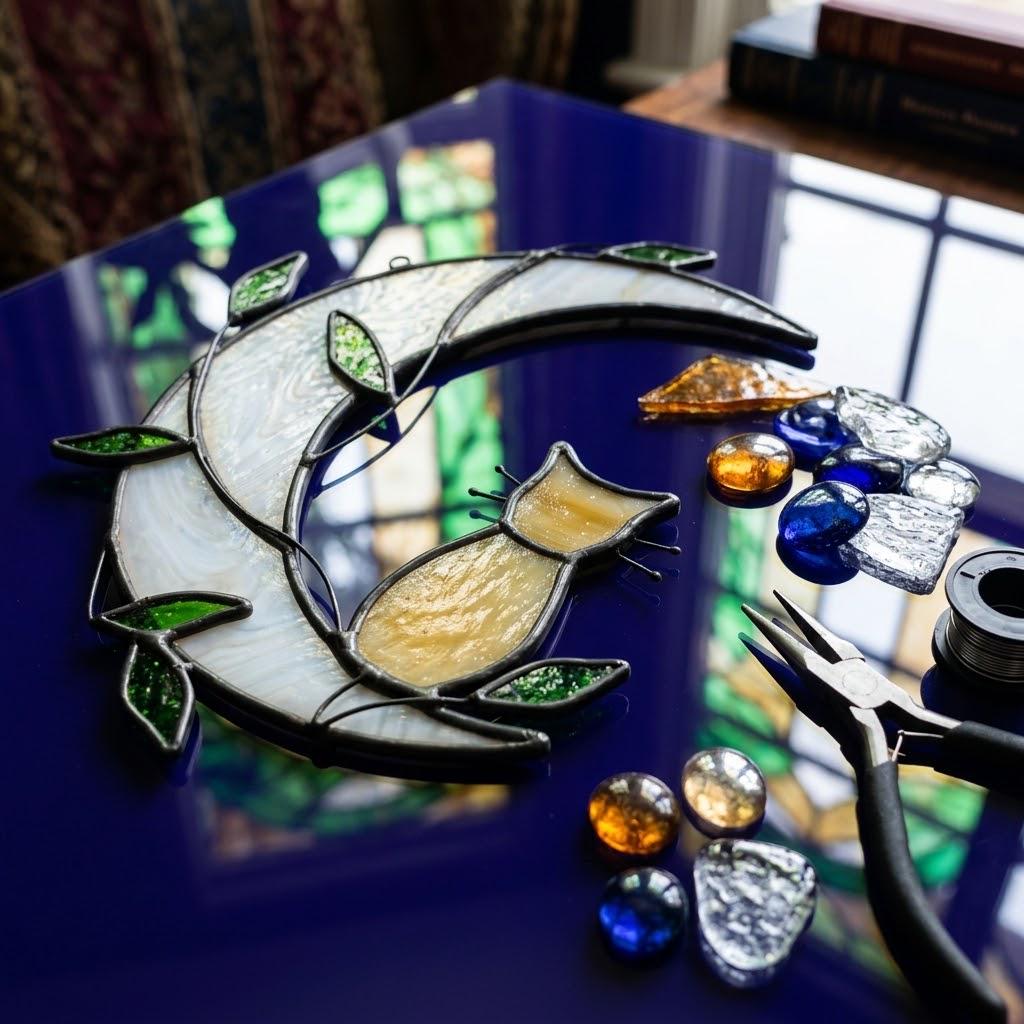 Handmade Yellow Cat Window Hanging on White Crescent Moon with Green Leaves by AuroraeGlass — photo 7