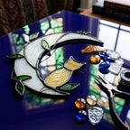 Handmade Yellow Cat Window Hanging on White Crescent Moon with Green Leaves by AuroraeGlass — photo 7