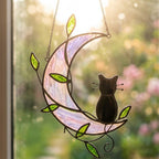 Black Cat Window Hanging on Purple Crescent Moon with Green Leaves by AuroraeGlass — photo 6