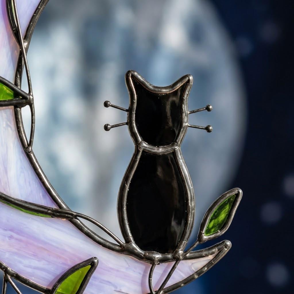Black Cat Window Hanging on Purple Crescent Moon with Green Leaves by AuroraeGlass — photo 3