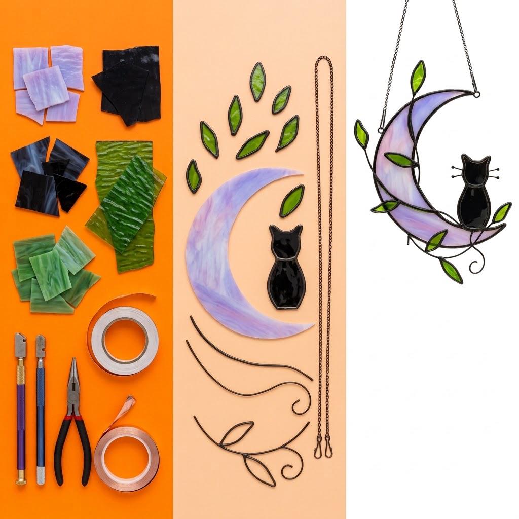 Black Cat Window Hanging on Purple Crescent Moon with Green Leaves by AuroraeGlass — photo 5