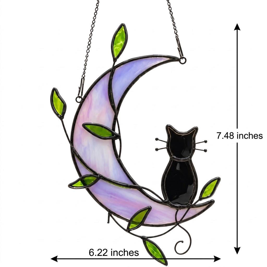 Black Cat Window Hanging on Purple Crescent Moon with Green Leaves by AuroraeGlass — photo 9
