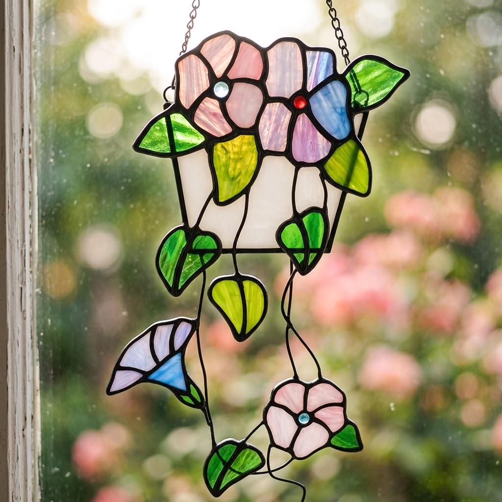 Pink and Purple Flower Window Hanging with Trailing Leaves and Basket Design by AuroraeGlass — photo 6