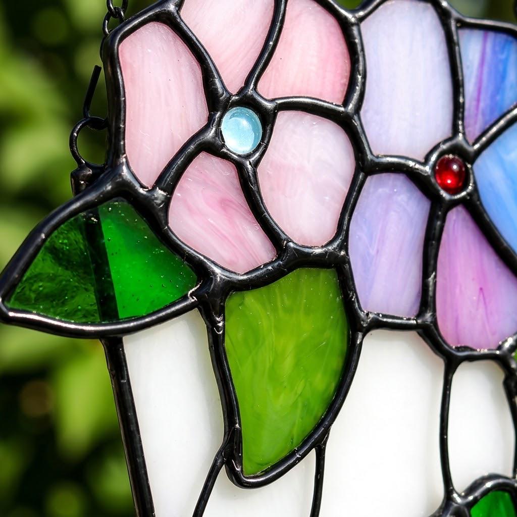 Pink and Purple Flower Window Hanging with Trailing Leaves and Basket Design by AuroraeGlass — photo 3