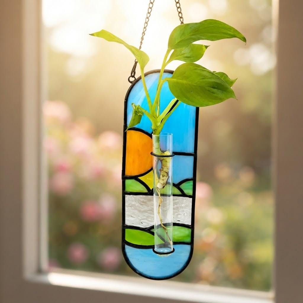 Blue Sun Window Hanging with Clear Tube Holder and Chain by AuroraeGlass — photo 5