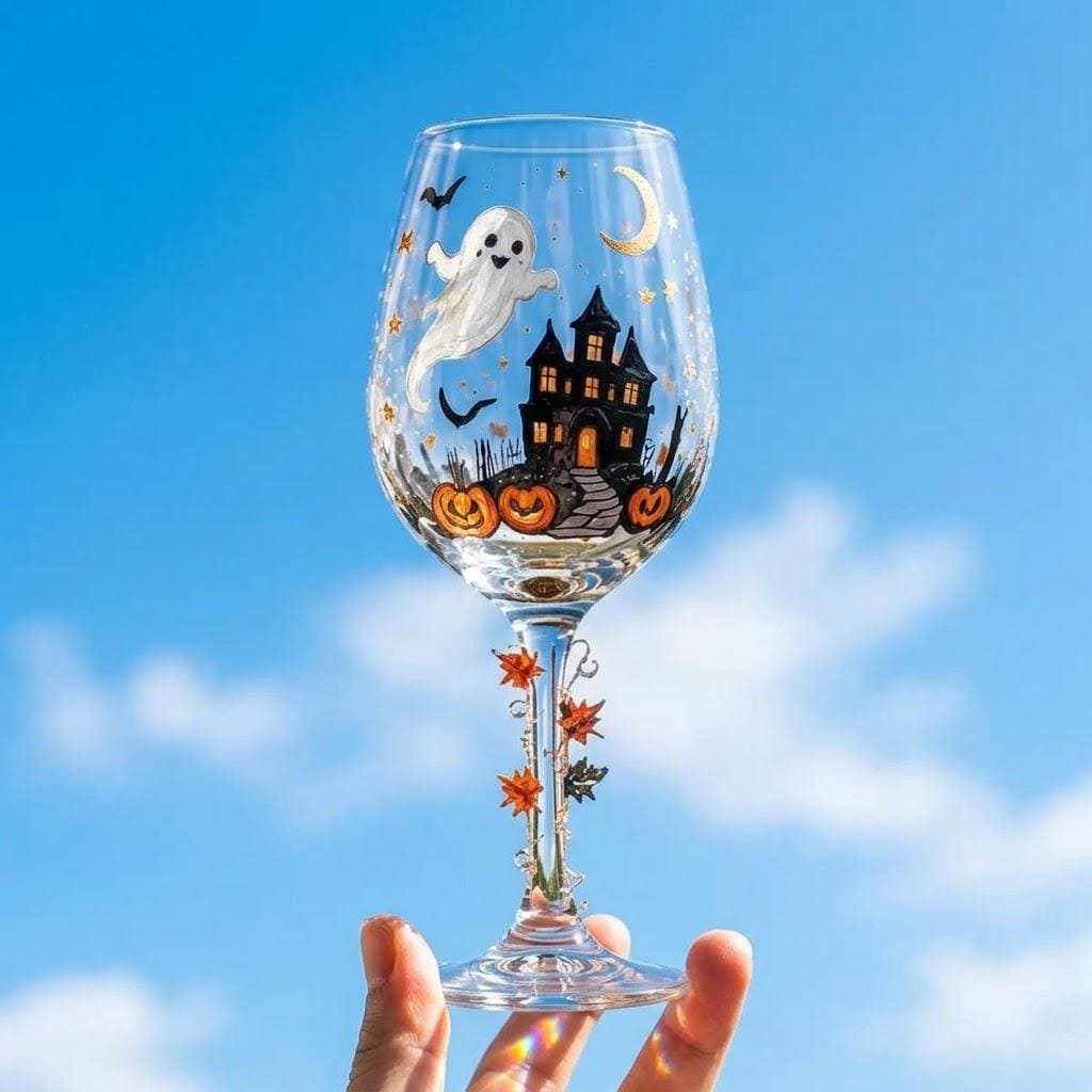 Halloween Decorative Goblet with Ghost, Haunted House and Pumpkins by AuroraeGlass — photo 8
