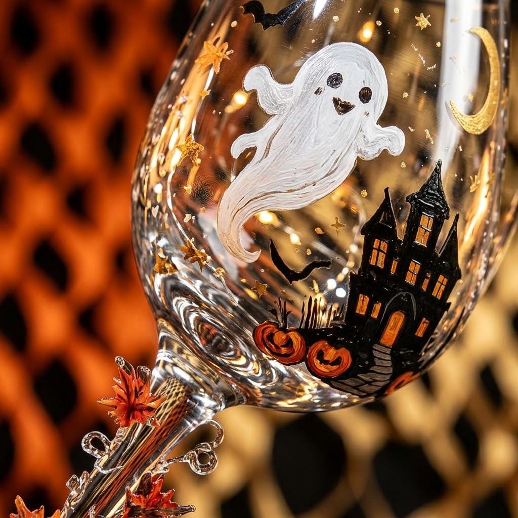 Halloween Decorative Goblet with Ghost, Haunted House and Pumpkins by AuroraeGlass — photo 4