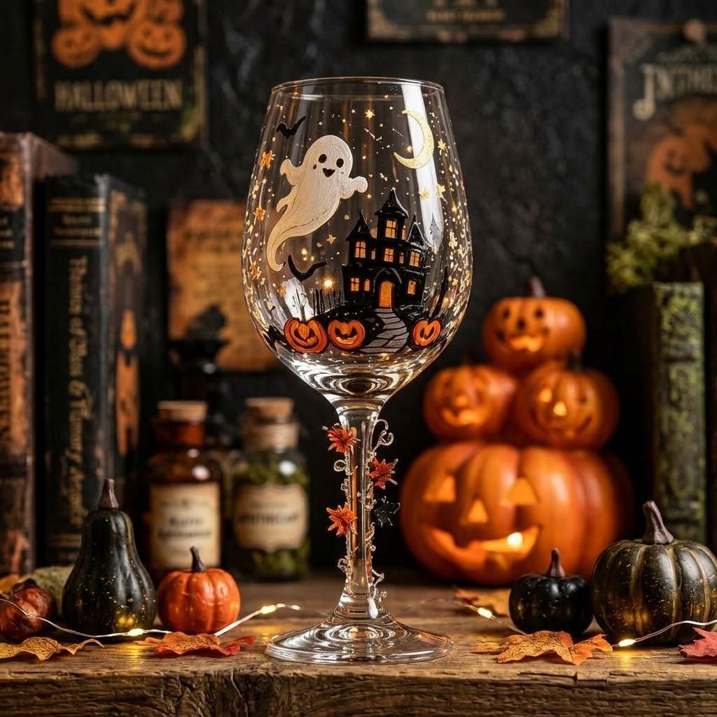 Halloween Decorative Goblet with Ghost, Haunted House and Pumpkins by AuroraeGlass — photo 5