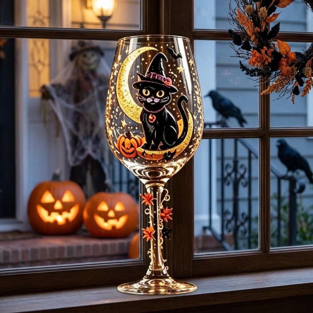 Halloween Decorative Goblet with Black Cat, Crescent Moon and Pumpkin by AuroraeGlass — photo 6