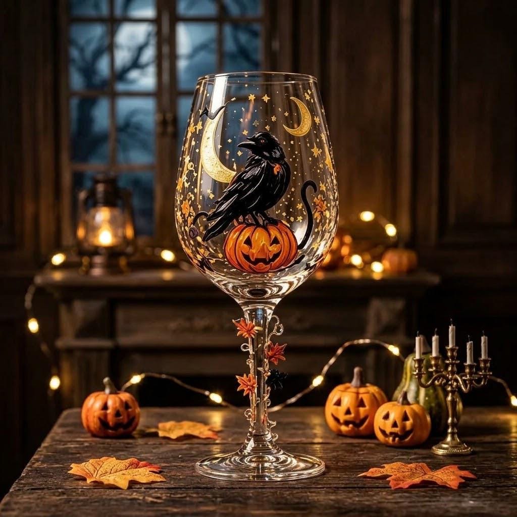 Halloween Decorative Goblet with Black Bird, Pumpkin and Crescent Moon by AuroraeGlass — photo 5