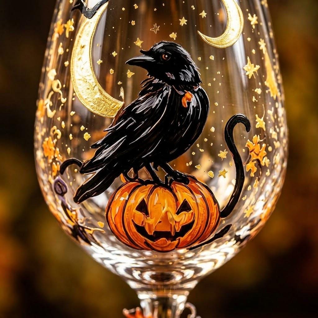 Halloween Decorative Goblet with Black Bird, Pumpkin and Crescent Moon by AuroraeGlass — photo 4