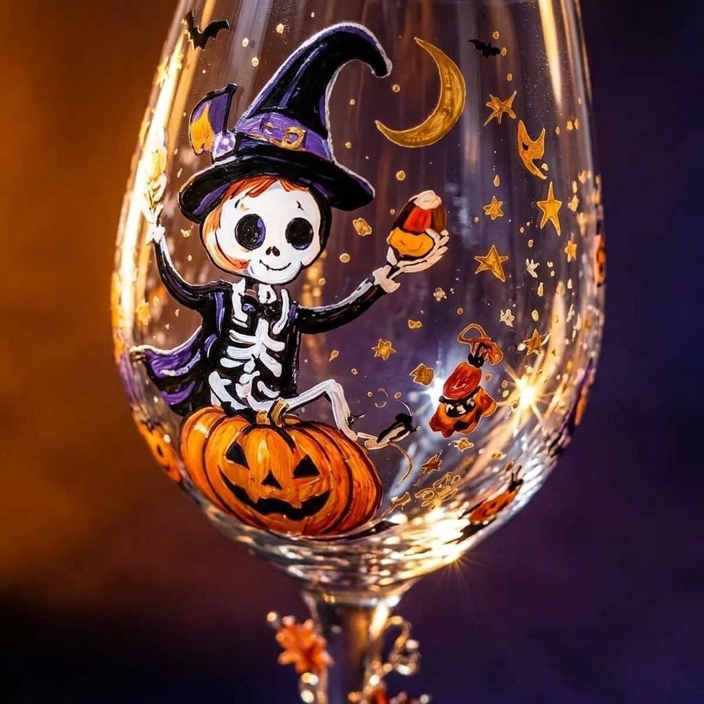 Halloween Decorative Goblet with Skeleton, Pumpkin and Purple Witch Hat by AuroraeGlass — photo 2