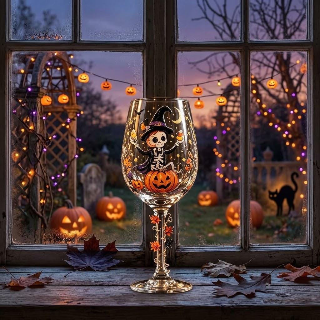 Halloween Decorative Goblet with Skeleton, Pumpkin and Purple Witch Hat by AuroraeGlass — photo 6
