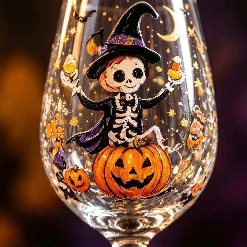 Halloween Decorative Goblet with Skeleton, Pumpkin and Purple Witch Hat by AuroraeGlass — photo 4