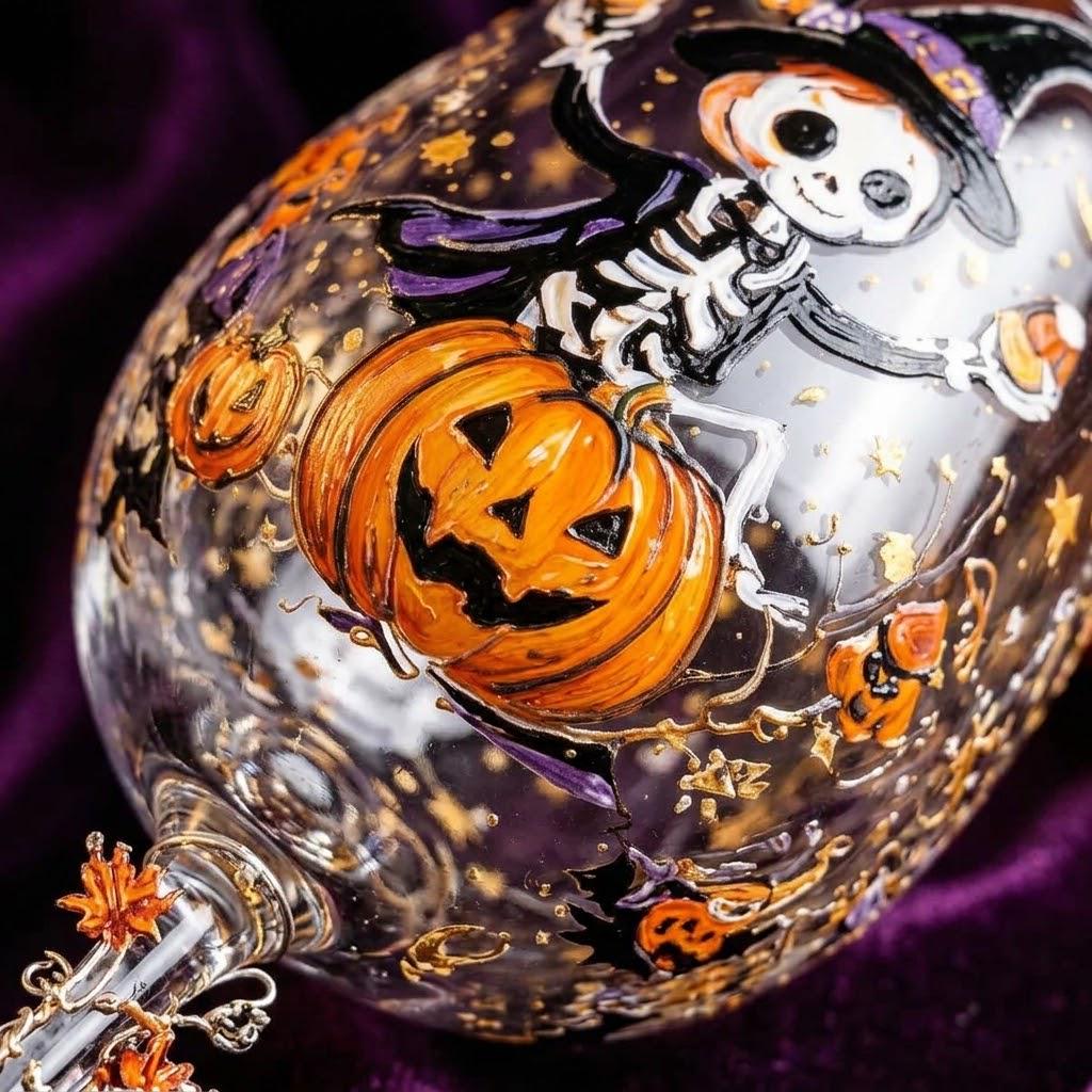 Halloween Decorative Goblet with Skeleton, Pumpkin and Purple Witch Hat by AuroraeGlass — photo 3