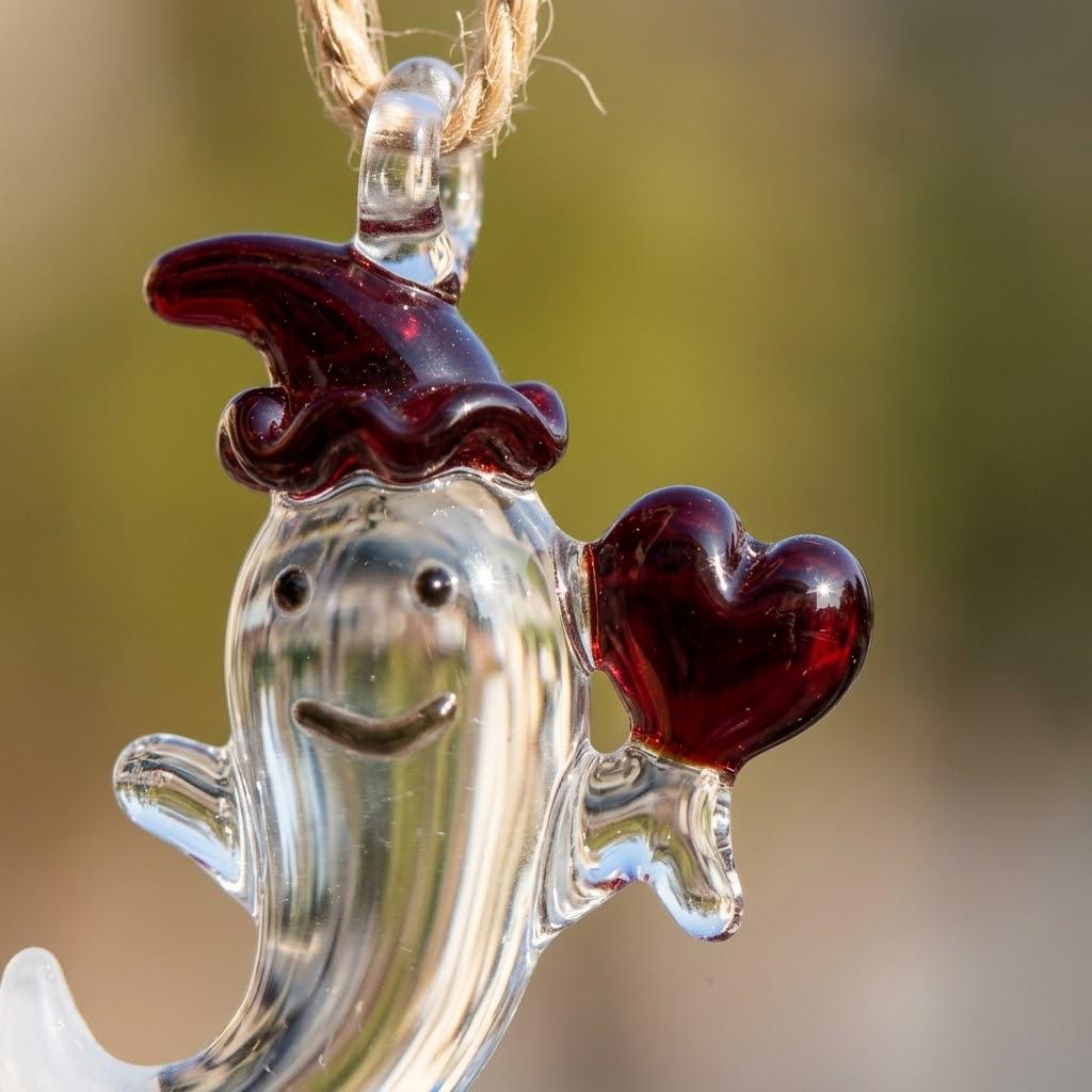 Ghost Ornament with Red Heart and Curved Red Hat, Mini Halloween Hanging Decor by AuroraeGlass — photo 4
