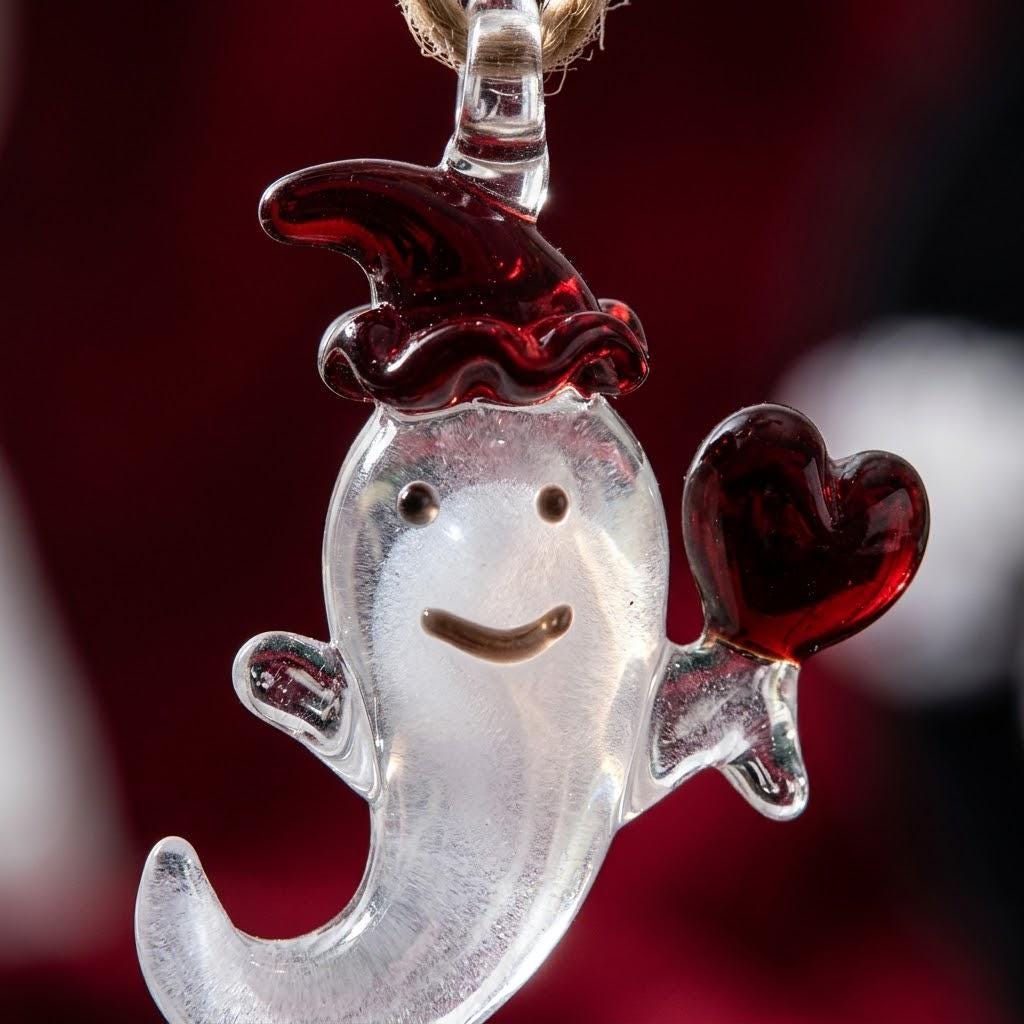 Ghost Ornament with Red Heart and Curved Red Hat, Mini Halloween Hanging Decor by AuroraeGlass — photo 3