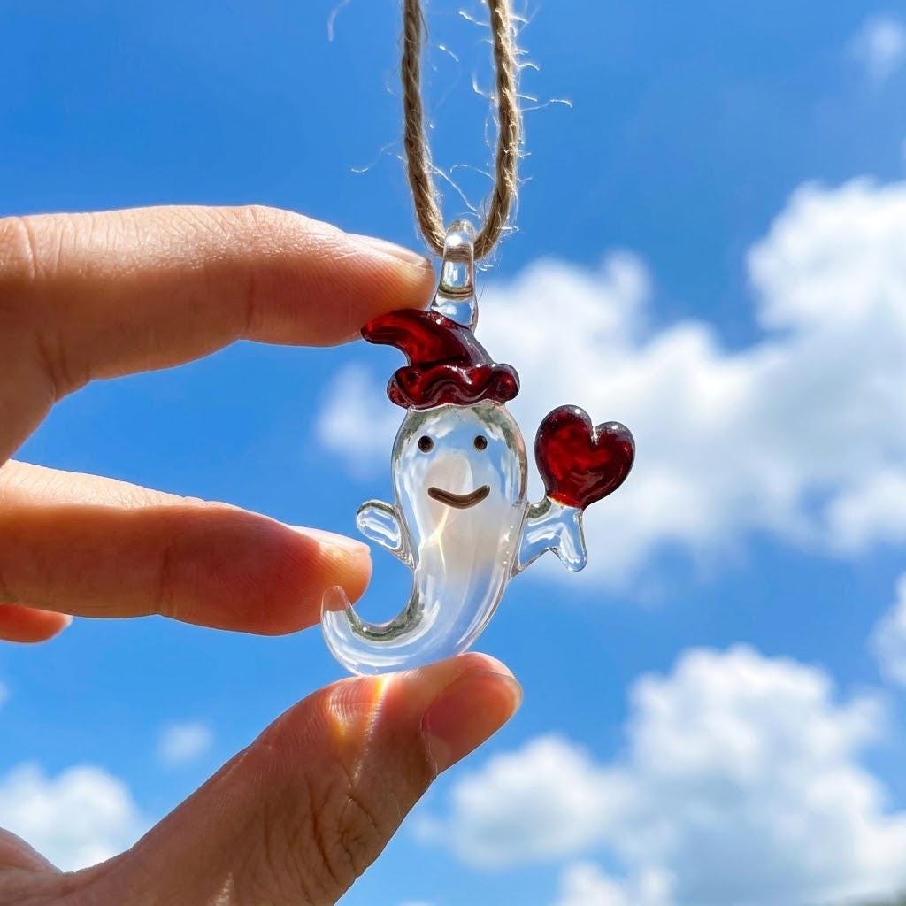 Ghost Ornament with Red Heart and Curved Red Hat, Mini Halloween Hanging Decor by AuroraeGlass — photo 6
