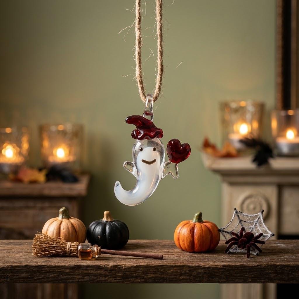 Ghost Ornament with Red Heart and Curved Red Hat, Mini Halloween Hanging Decor by AuroraeGlass — photo 1