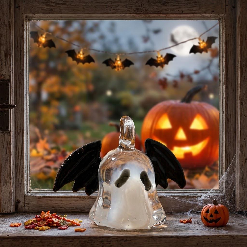 Ghost Ornament with Black Side Wings and Downturned Eyes, Halloween Hanging Decor by AuroraeGlass — photo 1