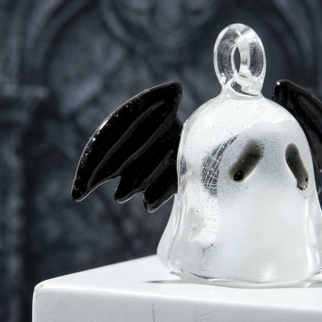 Ghost Ornament with Black Side Wings and Downturned Eyes, Halloween Hanging Decor by AuroraeGlass — photo 5