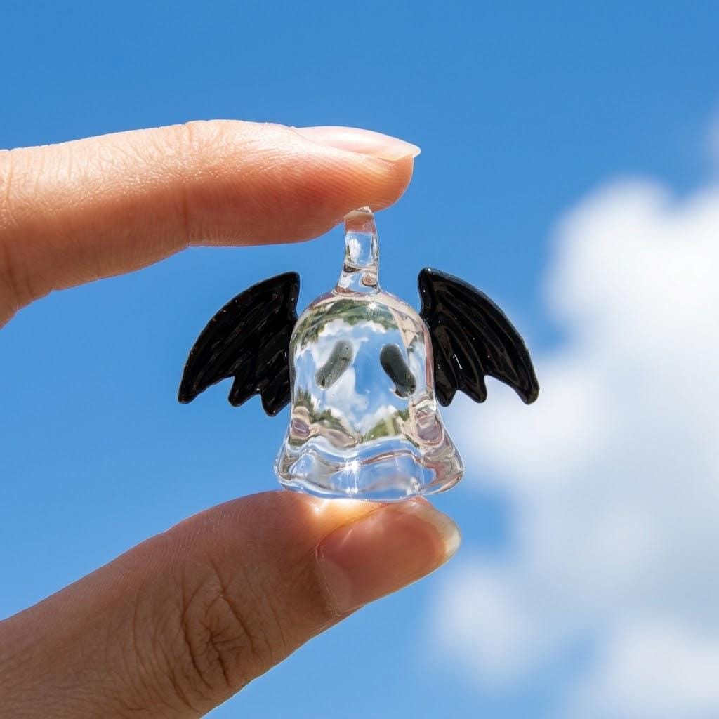 Ghost Ornament with Black Side Wings and Downturned Eyes, Halloween Hanging Decor by AuroraeGlass — photo 6