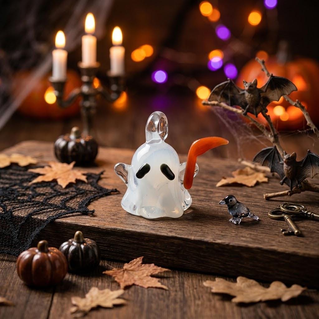 Ghost Ornament with Orange Curved Side Detail, Mini Halloween Hanging Decor by AuroraeGlass — photo 1