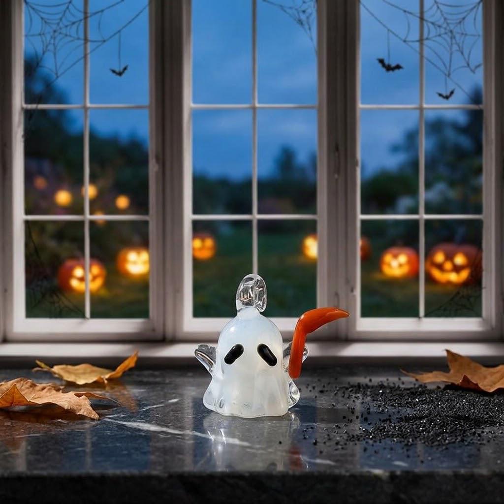 Ghost Ornament with Orange Curved Side Detail, Mini Halloween Hanging Decor by AuroraeGlass — photo 7