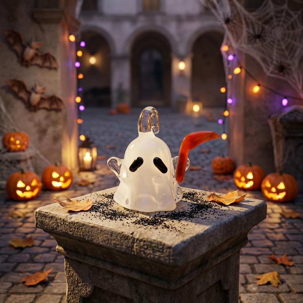 Ghost Ornament with Orange Curved Side Detail, Mini Halloween Hanging Decor by AuroraeGlass — photo 8