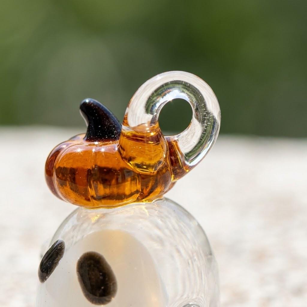 Ghost Ornament with Amber Pumpkin Hat and Downturned Eyes, Halloween Hanging Decor by AuroraeGlass — photo 4