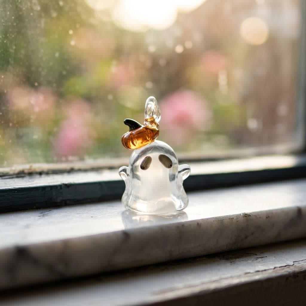 Ghost Ornament with Amber Pumpkin Hat and Downturned Eyes, Halloween Hanging Decor by AuroraeGlass — photo 9