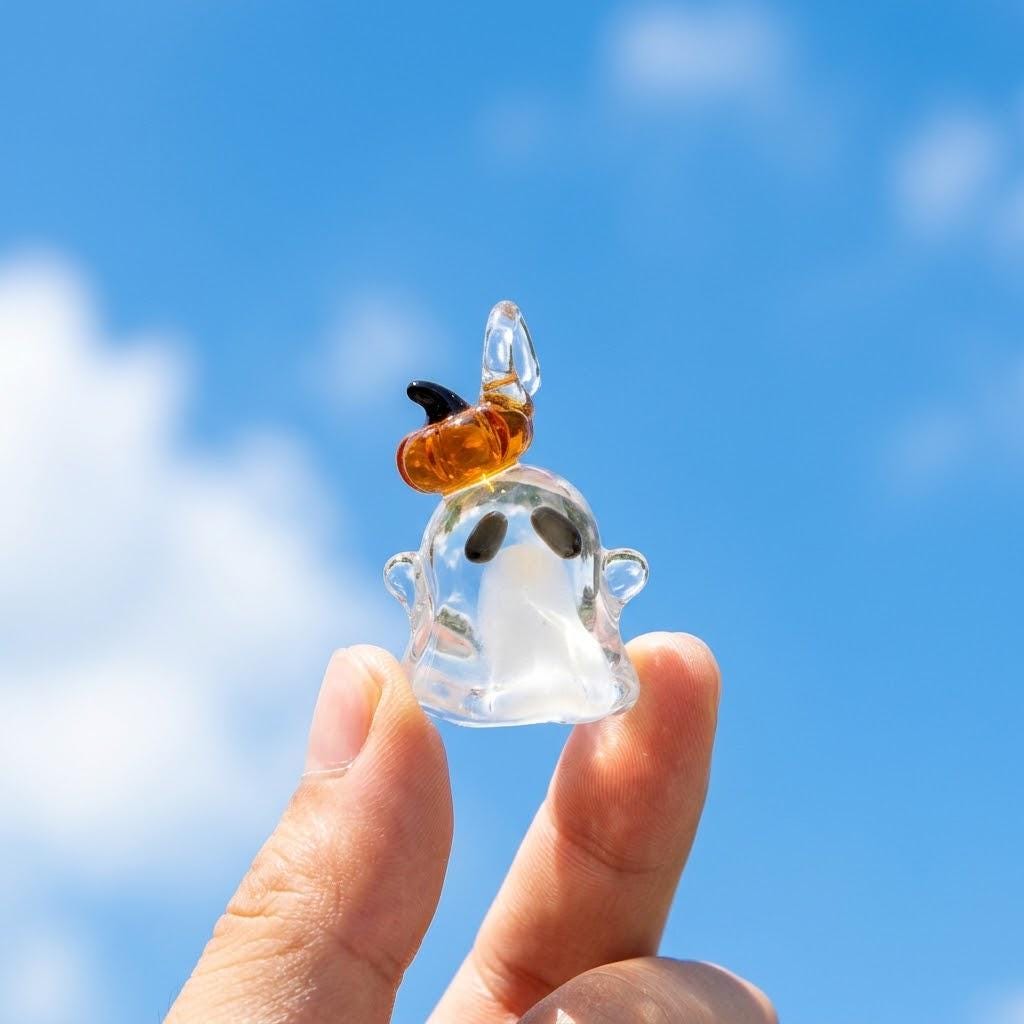 Ghost Ornament with Amber Pumpkin Hat and Downturned Eyes, Halloween Hanging Decor by AuroraeGlass — photo 6