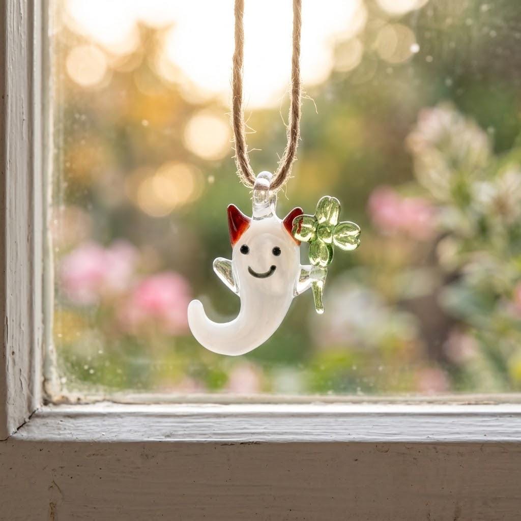 Smiling Ghost Ornament with Green Four-Leaf Clover and Red Horns, Halloween Decor by AuroraeGlass — photo 9