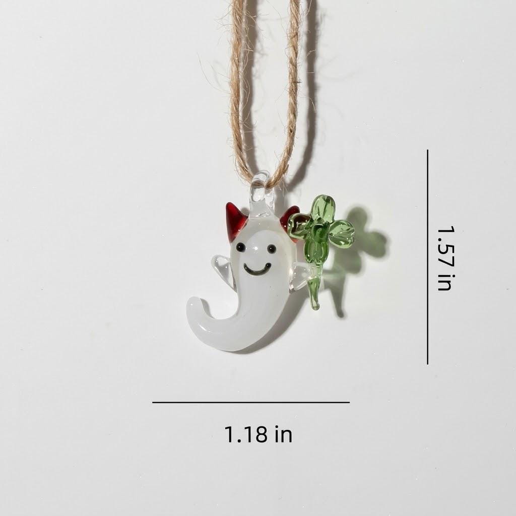 Smiling Ghost Ornament with Green Four-Leaf Clover and Red Horns, Halloween Decor by AuroraeGlass — photo 10