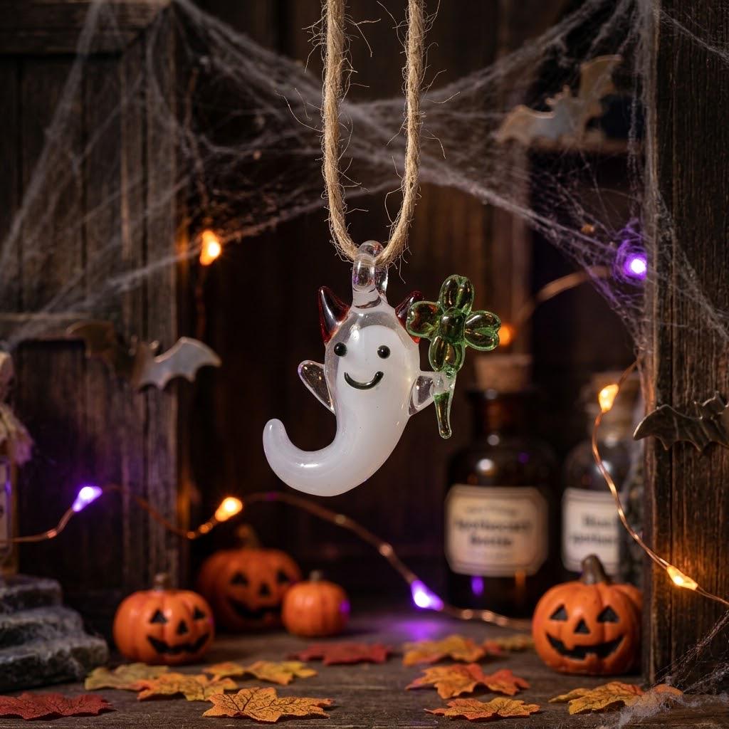 Smiling Ghost Ornament with Green Four-Leaf Clover and Red Horns, Halloween Decor by AuroraeGlass — photo 1