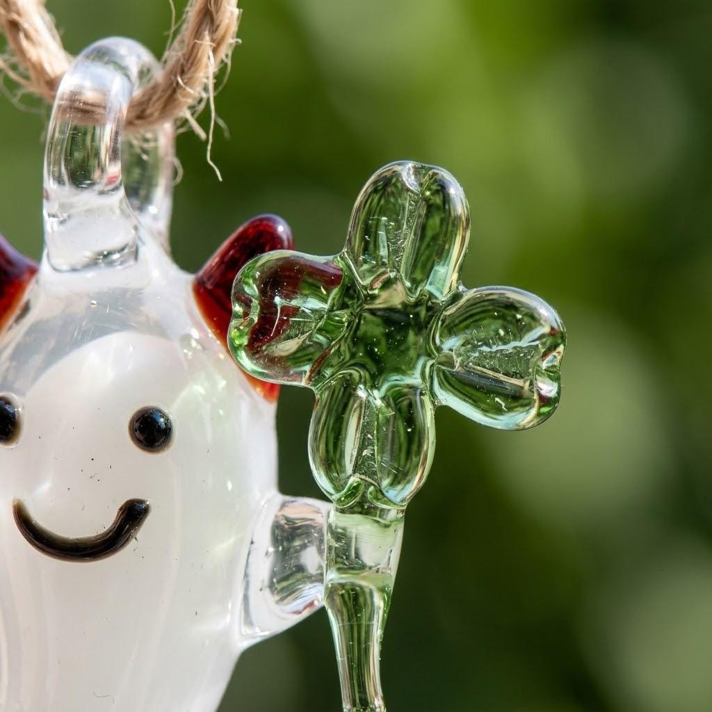 Smiling Ghost Ornament with Green Four-Leaf Clover and Red Horns, Halloween Decor by AuroraeGlass — photo 4