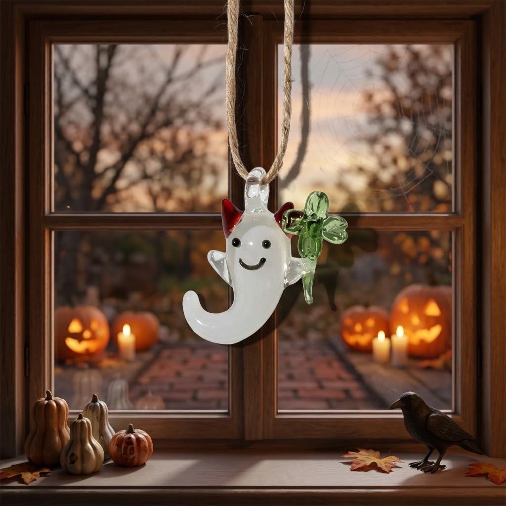 Smiling Ghost Ornament with Green Four-Leaf Clover and Red Horns, Halloween Decor by AuroraeGlass — photo 7