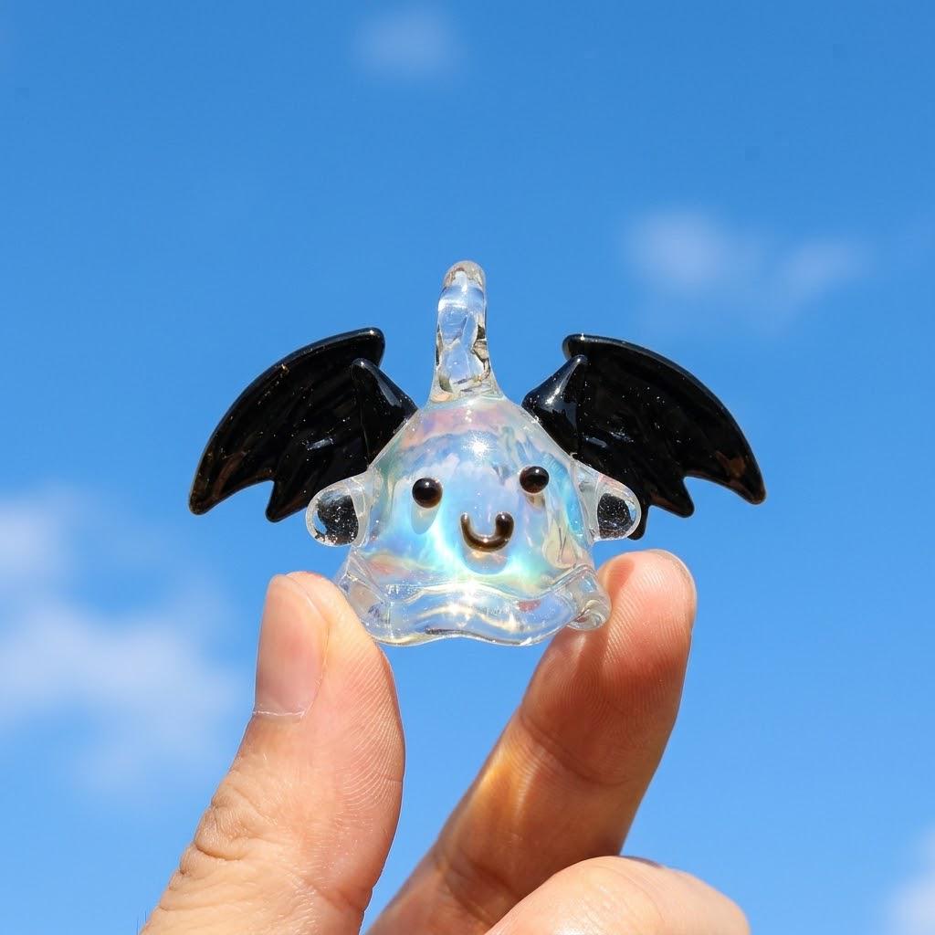 Smiling Ghost Ornament with Black Bat Wings, Wide Mini Halloween Hanging Decor by AuroraeGlass — photo 6