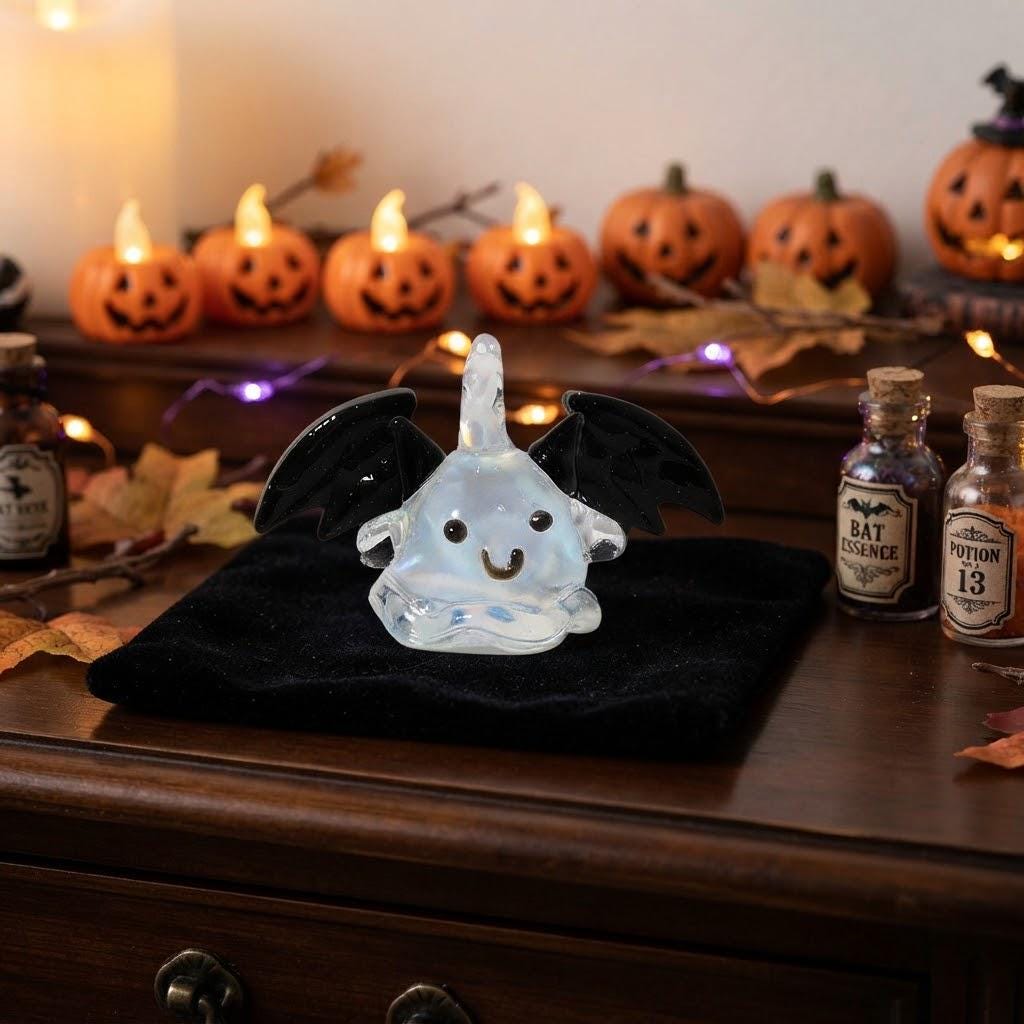 Smiling Ghost Ornament with Black Bat Wings, Wide Mini Halloween Hanging Decor by AuroraeGlass — photo 8