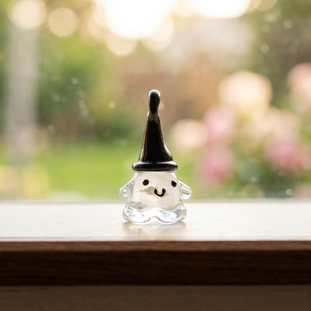 Smiling Ghost Figurine with Tall Black Pointed Hat, Tiny Halloween Shelf Decor by AuroraeGlass — photo 9