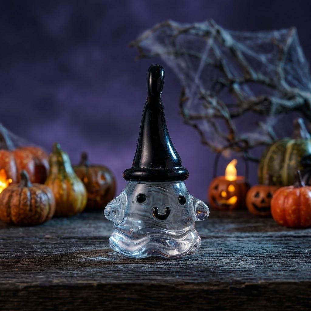 Smiling Ghost Figurine with Tall Black Pointed Hat, Tiny Halloween Shelf Decor by AuroraeGlass — photo 3
