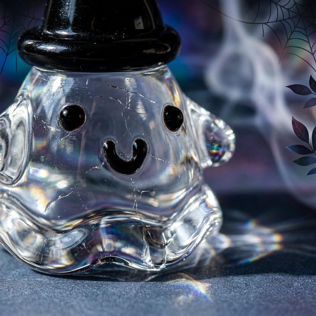 Smiling Ghost Figurine with Tall Black Pointed Hat, Tiny Halloween Shelf Decor by AuroraeGlass — photo 6