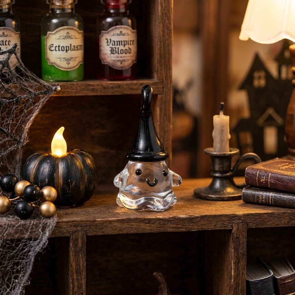 Smiling Ghost Figurine with Tall Black Pointed Hat, Tiny Halloween Shelf Decor by AuroraeGlass — photo 1