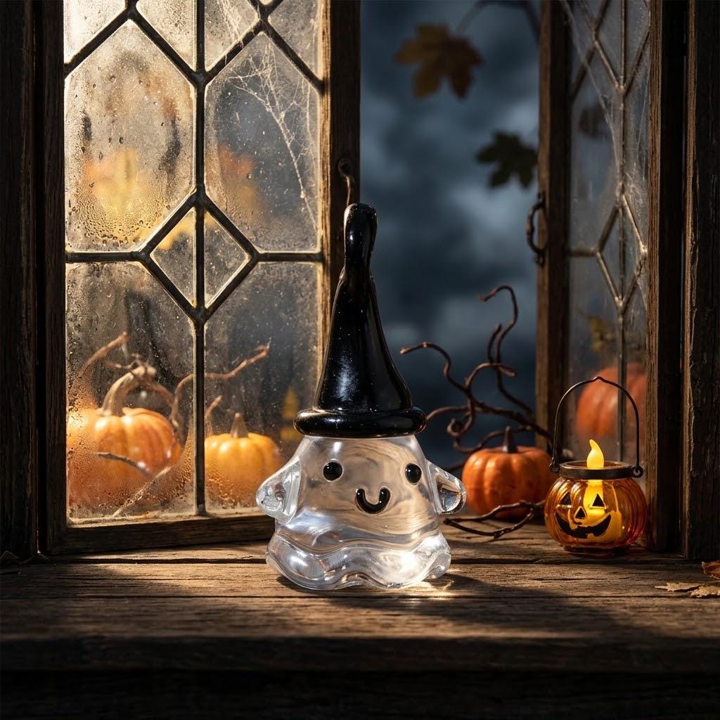 Smiling Ghost Figurine with Tall Black Pointed Hat, Tiny Halloween Shelf Decor by AuroraeGlass — photo 2