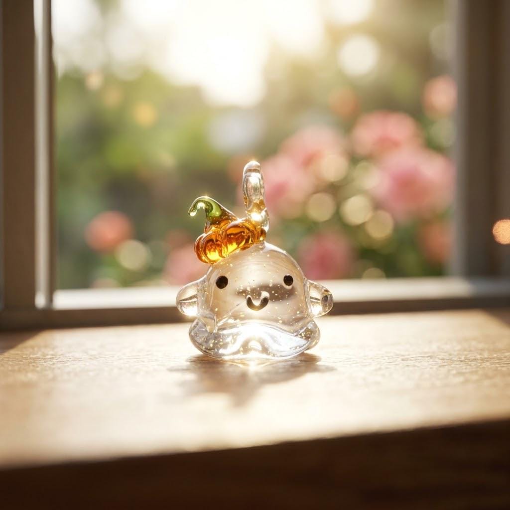 Smiling Ghost Ornament with Orange Pumpkin Hat, Small Halloween Hanging Decor by AuroraeGlass — photo 9