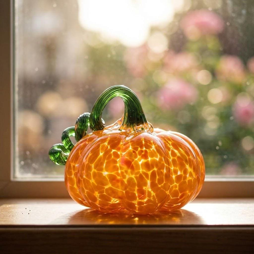 Orange Mottled Pumpkin Figurine with Green Curled Stem, Fall Table Decor by AuroraeGlass — photo 8