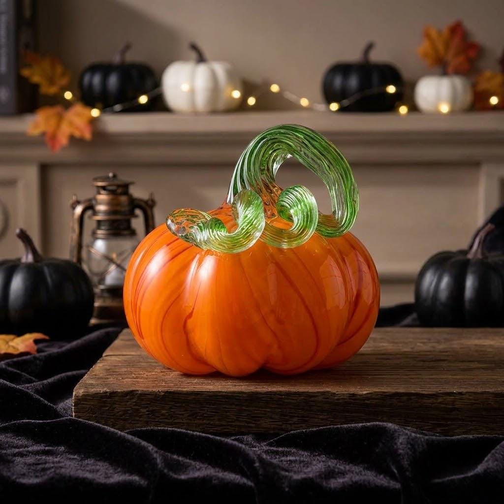 Handmade Orange Pumpkin Figurine with Green Curled Stem, Fall Table Decor by AuroraeGlass — photo 1
