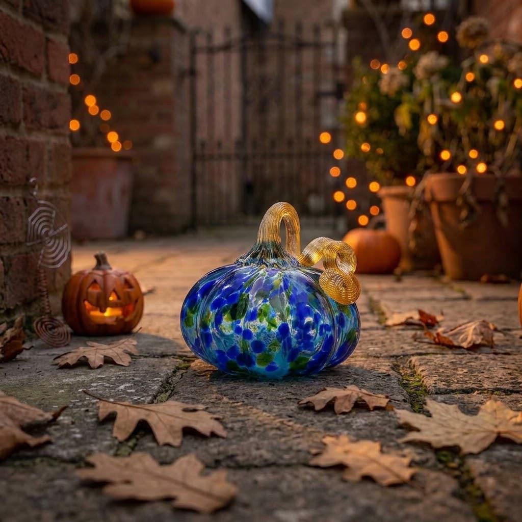 Handmade Blue and Green Speckled Pumpkin Figurine, Fall Shelf Decor by AuroraeGlass — photo 7