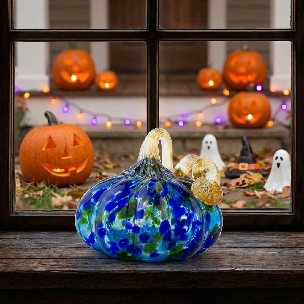 Handmade Blue and Green Speckled Pumpkin Figurine, Fall Shelf Decor by AuroraeGlass — photo 6